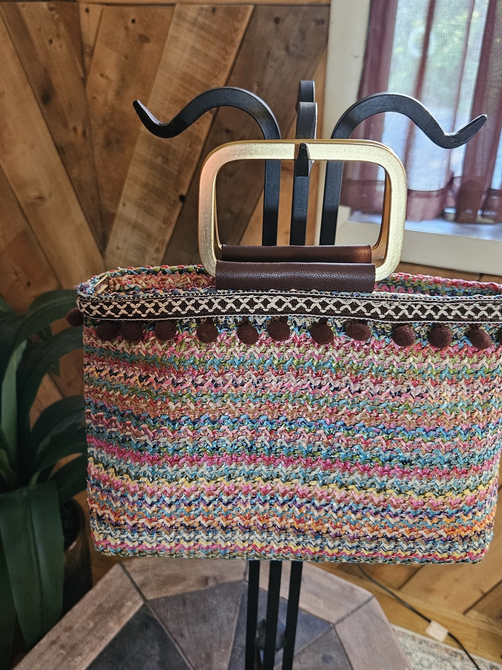 GUESS Burgundy Quilted Wallet & Multicolor Woven Straw Pom Pom Clutch Bag Set - Picture 3 of 11